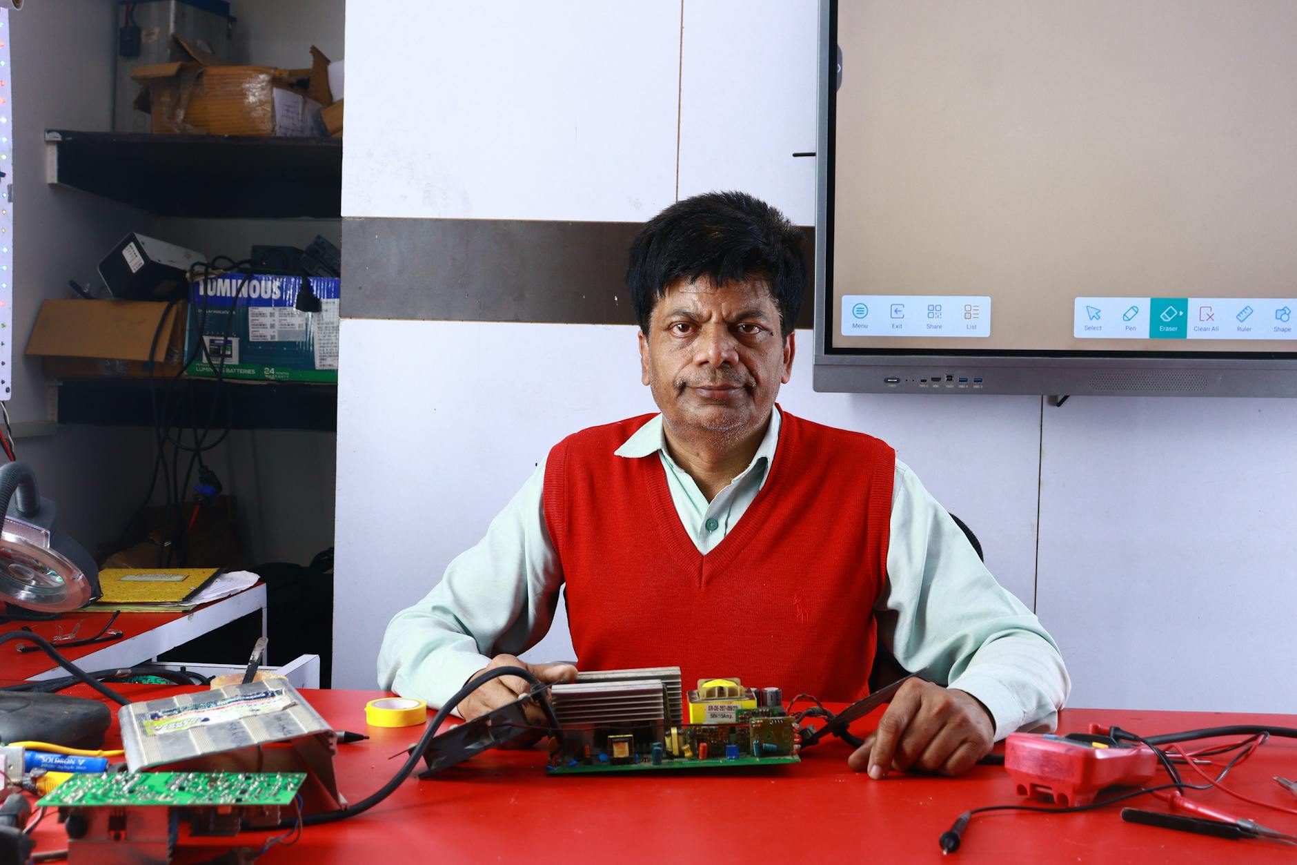 Instruktor naprawy elektroniki prowadzi zajęcia w ośrodku szkoleniowym